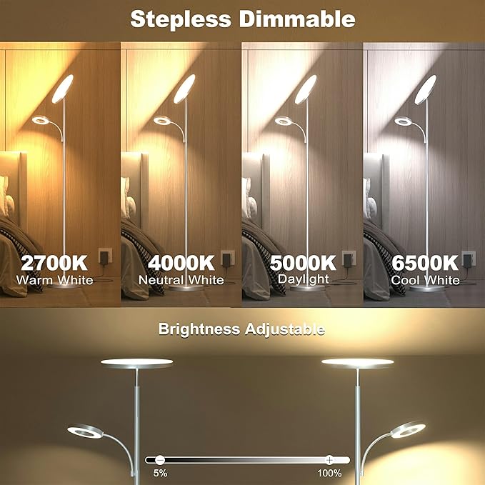 Silver Gray Floor Lamps for Living Room Bedroom, 42W/4300LM Bright LED Floor Lamp with Remote and Touch Control, Stepless Dimmable, 69" Tall Standing Lamp with Gooseneck Reading Light for Office