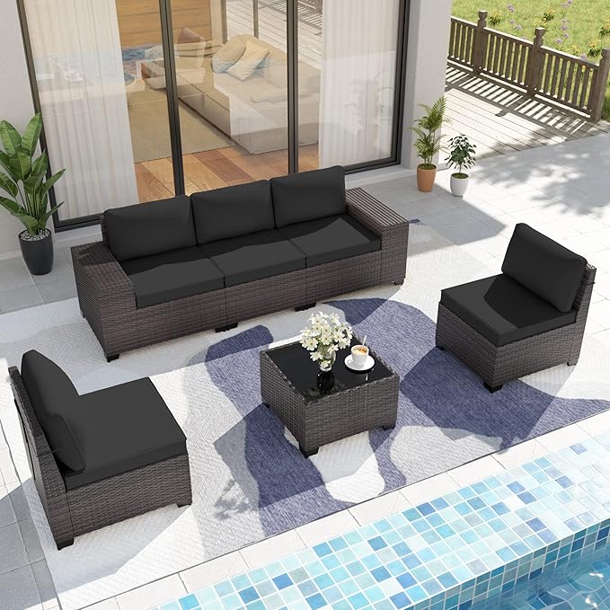 Kurapika 6 Pieces Patio Furniture Set, Rattan Outdoor Conversation Sets w/4 Inch Cushion and Glass Coffee Table(Black)