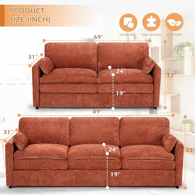 2 Pieces Chenille Sofa Set w/Arm Pillows, Upholstered Loveseat & 3 Seater Sofa w/Comfortable Back Cushions, Modern 2-Seat & 3-Seat w/High-Density Foam for Living Room, Apartment, Orange
