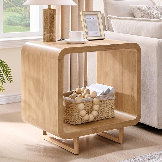 23.6" Modern End Table Set of 2, 2 Tier Side Table with Charging Station, Simple Bedside Table with Open Storage Shelf, Outlet, Wooden Nightstand for Bedroom, Living Room, Study, Natural Oak