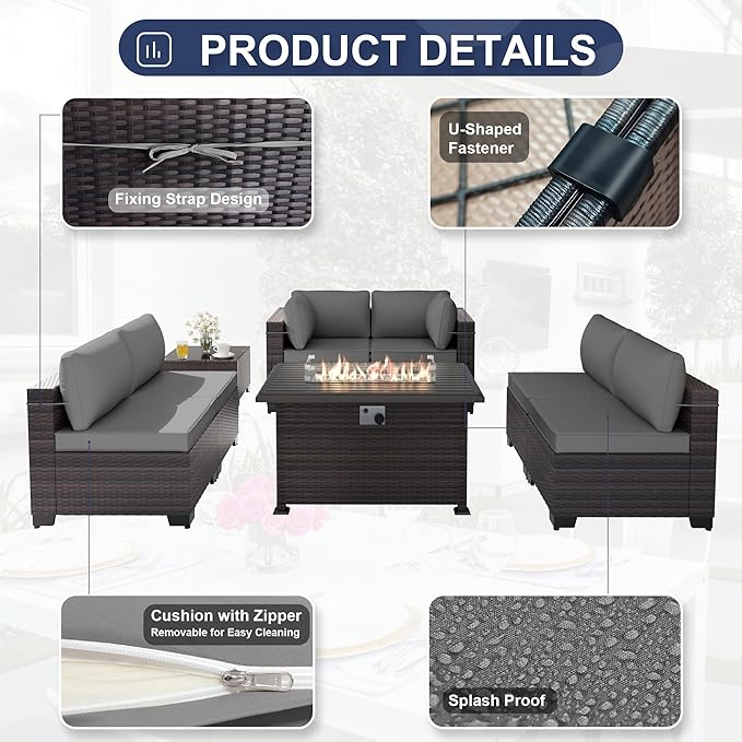 Kurapika 11 Pieces Patio Furniture Set, Rattan Wicker Outdoor Conversation Sets w/43in Propane Fire Pit Table, Swivel Rocking Chairs Patio Sectional Sofa w/4 Inch Cushion, Grey