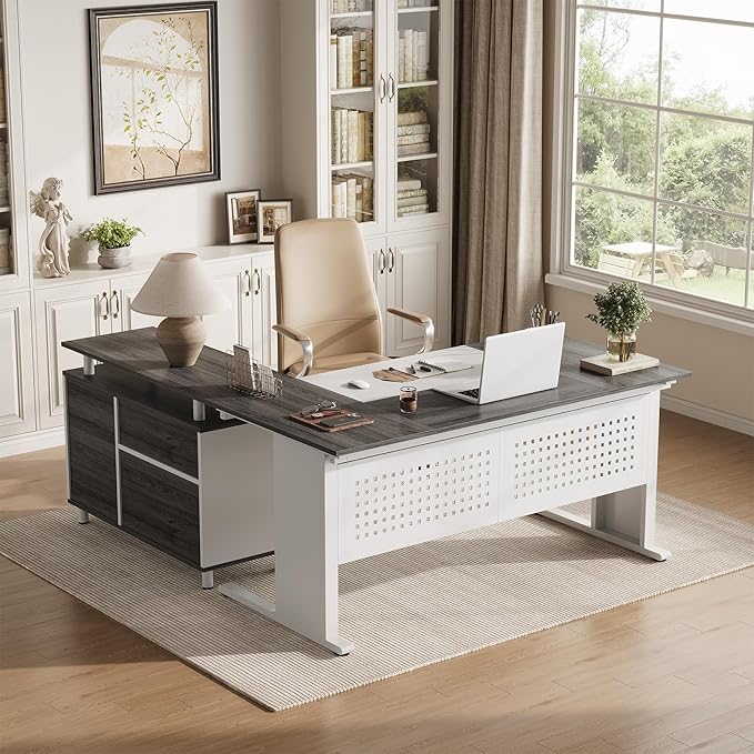 LITTLE TREE Large Computer Desk with File Cabinet, 63-Inch Executive Desk L Shaped Office Desk with Drawers and Storage Shelves, Business Furniture Desk Workstation for Home Office (Grey + White)