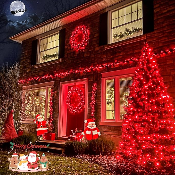JMEXSUSS 2 Pack Red Christmas Lights, Total 400 LED 151FT Red Solar Lights Outdoor Waterproof, 8 Modes Solar String Light for Outside Yard Patio Garden Tree Decorations
