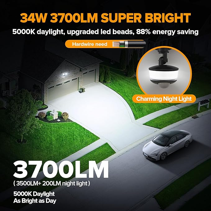 LUTEC 34W 3700 Lumen LED Security Light Motion Sensor Outdoor Lights with Night Light, 5000K Daylight, IP65 Waterproof, Dusk to Dawn, Hardwired Motion Detector Flood Light for Garage, Yard-Black