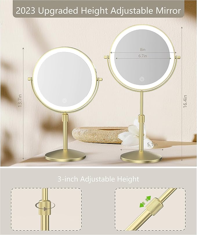 8" Lighted Makeup Mirror, 1X/10X Magnification Mirror with Lights, Double Sided Dimmable Mirrors, Rechargeable & Brightness & Height Adjustable, Cordless Vanity Mirror(Gold)