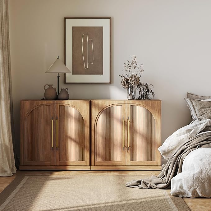 BELLEZE Set of 2 Modular Sideboard with Double-Arc Wood Doors, Small Arched Buffet Cabinet with Storage and Adjustable Shelves, Classic Modern Credenza for Dining Room, Living Room or Entryway(Camel)