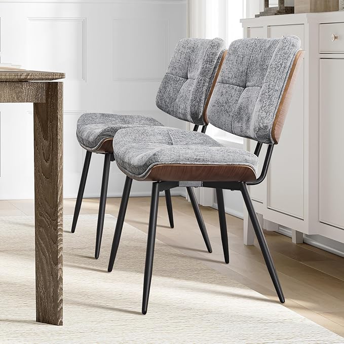 Dining Chairs Set of 6,Mid Century Modern Kitchen Chairs with Walnut Bentwood Back and Metal Legs,Upholstered Fabric Dining Room Chairs for Kitchen, Living Room,Grey