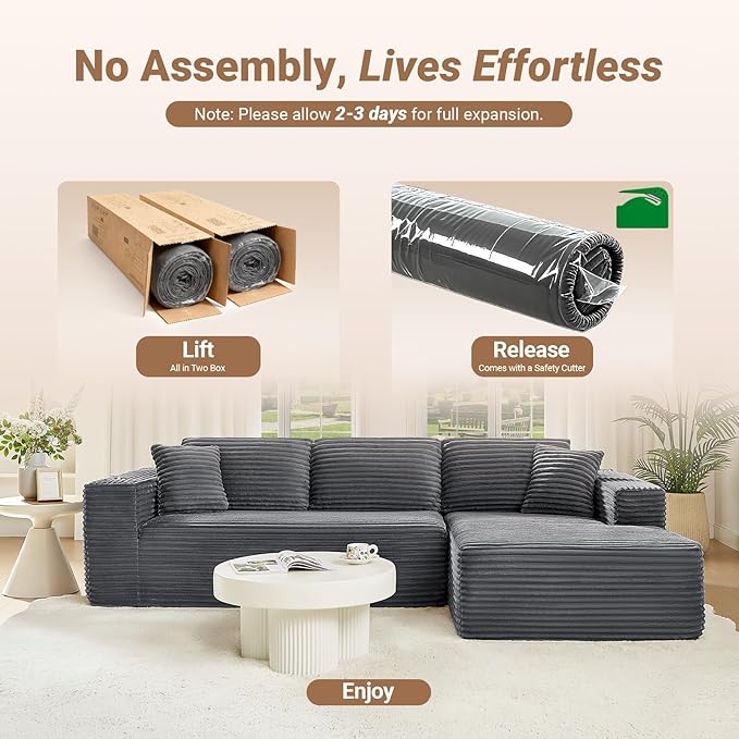 108" Boneless Couch, Cloud Couch Modular Sectional Sofa with Deeper Seat, L-Shaped Sofa with 4 Storage Pockets, Comfy Corduroy Couches for Living Room (Right Facing Chaise, Grey)