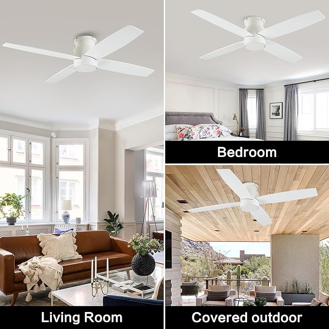 WINGBO 44" Flush Mount DC Ceiling Fan without Lights, 4 Reversible Blades in White/Oak Finish, Ultra Quiet 6-Speed DC Motor, Hugger Low Profile Ceiling Fan No Lights for Bedroom, Indoor/Outdoor Use