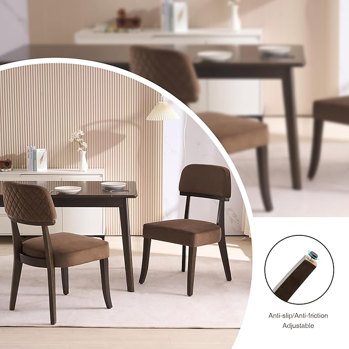 Modern Wood Dining Chairs Set of 2, Velvet Upholstered Kitchen Chairs with Open Curved Backrest & Black Hardwood Legs for Vanity, Living Room, 350 LBS Capacity, Brown