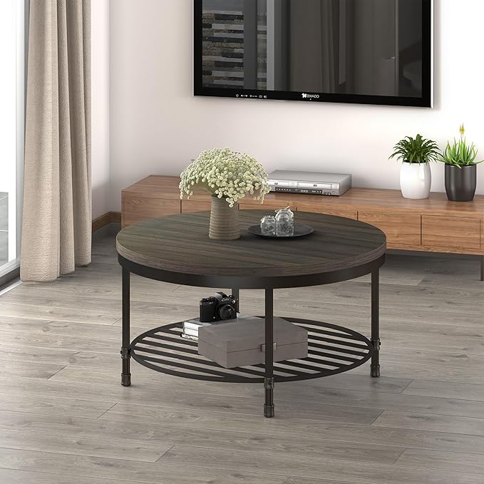 NSdirect 36" Round Coffee Table with Storage Shelf, Dark Grey Brown Vintage Wood Top & Metal Legs - 18.5" Height End Table for Small Spaces (Dark Grey Brown)