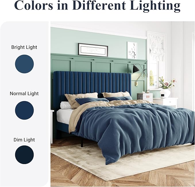 Allewie King Bed Frame, Velvet Upholstered Platform Bed with Adjustable Vertical Channel Tufted Headboard, Mattress Foundation with Strong Wooden Slats, Box Spring Optional, Easy Assembly, Navy Blue