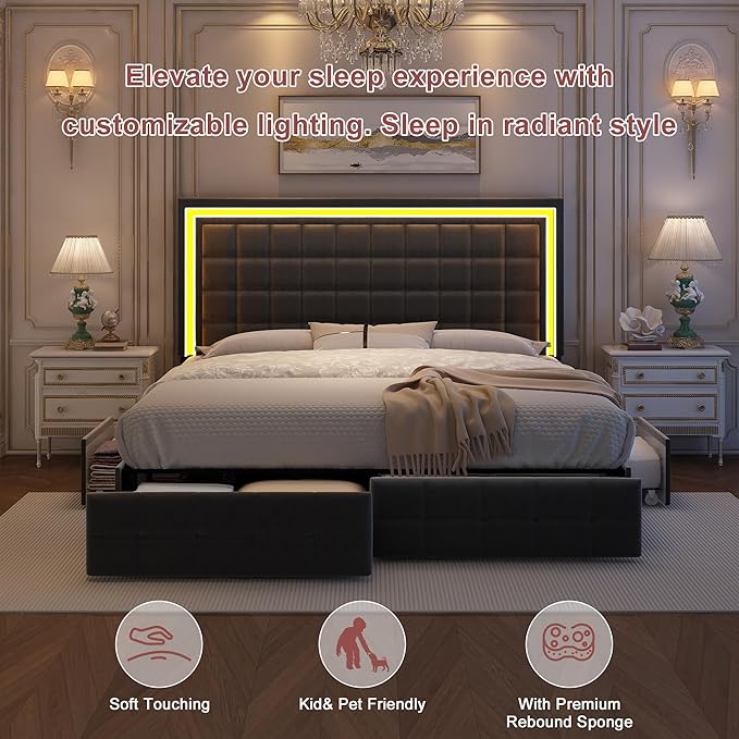 Full Bed Frame with LED Lighting and Storage Drawers, No Box Spring Needed, Supports 900 lbs, Easy Assembly, Quiet and Sturdy Design, Velvet Gray