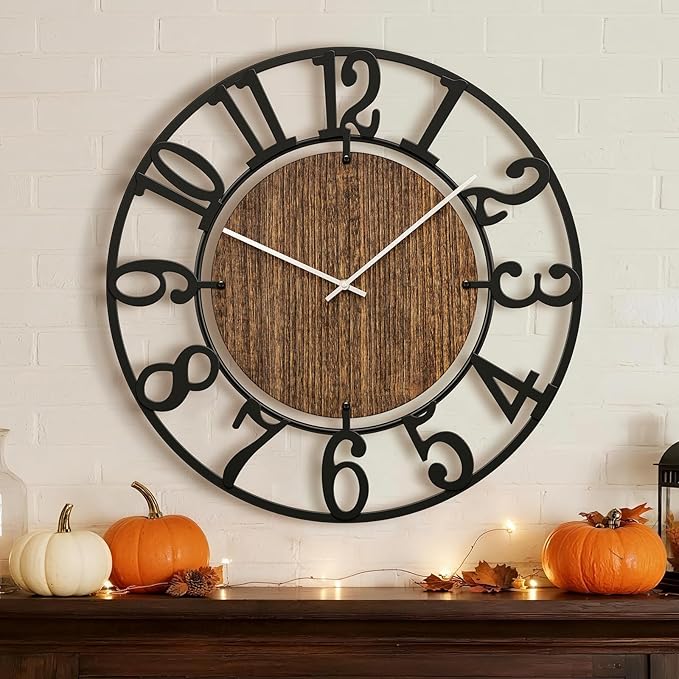 Large Wall Clocks, 16" Black Decorative Wall Clock for Living Room by Battery Operated, Oversized Farmhouse Silent Walls Clock with Metal Arabic Number for Office, Classroom, Bedroom