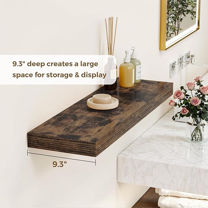 Dreamland 36 Inches Floating Shelves for Wall, 9.3" Deep Long Floating Shelves Set of 2, Large Display & Storage Shelf, Wall Shelf for Bathroom Bedroom Living Room Kitchen Office, Rustic Brown