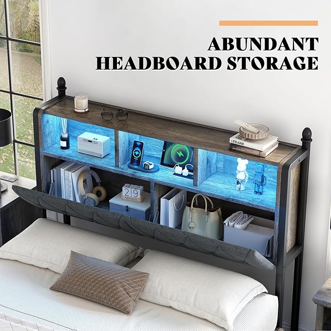 AMERLIFE Queen Bed Frame with Bookcase Headboard and 4 Storage Drawers, Wooden Platform Bed with Charging Station and LED Light, Noise-Free/No Box Spring Needed, Gray