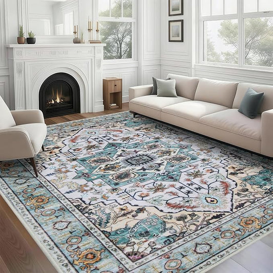 WILLSUN Washable Area Rugs, 8x10 Non-Slip Boho Large Area Rugs for Living Room, Bedroom, Machine Washable Vintage Rug, Indoor Floral Print Carpet for Home Decor, Kid & Pet Friendly Mat