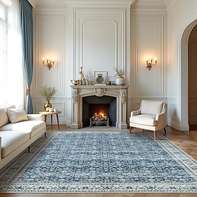 Washable Rugs 8x10 Area Rugs for Living Room,Bedroom,Dining Room- Soft Low Pile Stain Resistant Carpet with Non-Slip Rubber Backing,Large Vintage Area Rug for Farmhouse Nursery Home Office Decor