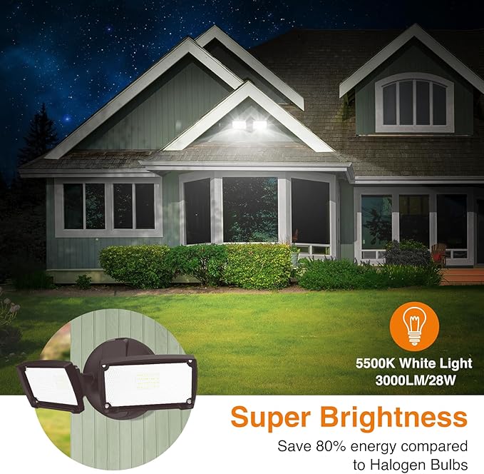 LEPOWER 3000LM LED Flood Light Outdoor, Switch Controlled LED Security Light, 28W Exterior Lights with 2 Adjustable Heads, 5500K, IP65 Waterproof for Garage, Yard, Patio Brown