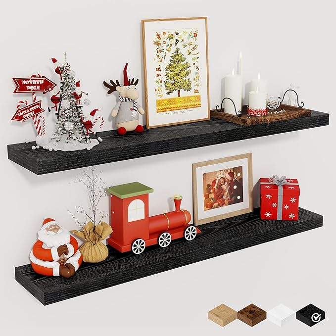 Fun Memories 36Inch Floating Shelves for Wall 2 Pack Wood Shelves for Kitchen, Bathroom, Bedroom Wall Mounted Rustic Wood Floating Shelf with Invisible Brackets for Books, Storage, Decor, Black