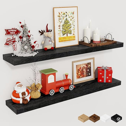 Fun Memories 36Inch Floating Shelves for Wall 2 Pack Wood Shelves for Kitchen, Bathroom, Bedroom Wall Mounted Rustic Wood Floating Shelf with Invisible Brackets for Books, Storage, Decor, Black