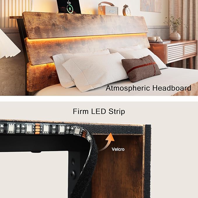 Floating Bed Frame King Size with Led Headboard and Charging Station, Metal Platform Bed Base with Storage, Remote Control, Heavy Slats Support, No Box Spring Needed, Noise Free, Vintage Brown