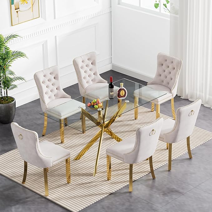 Goujxcy Glass Dining Table Set for 6, Modern Kitchen Table and Chairs Set of 6, 7-Piece Kitchen Dining Room Table Set w/51 Glass Gold Dining Table and 6 Beige Velvet Upholstered Chairs