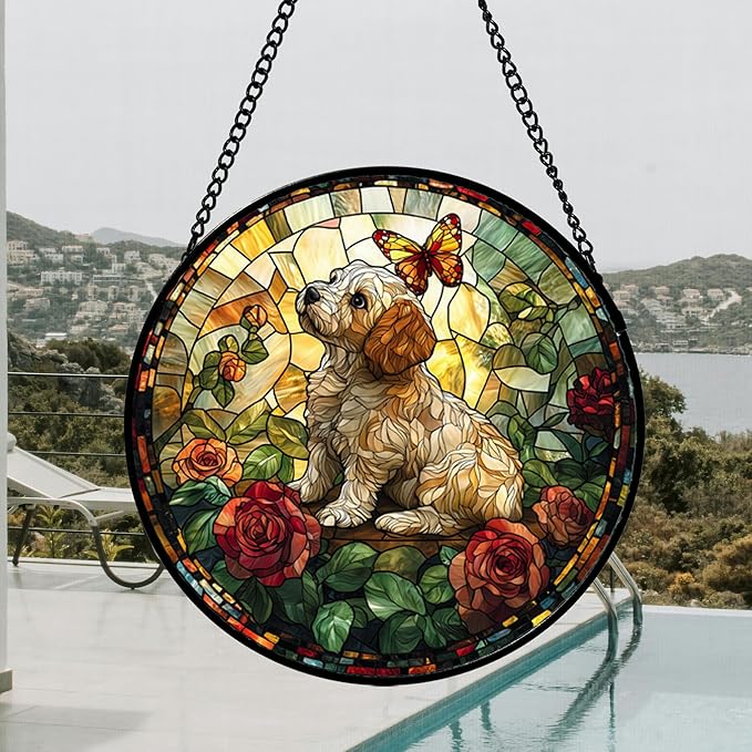 Stained Glass Window Hanging, Cute Dog and Flowers Suncatcher for Doors Home Butterfly Sun Catchers Decoration and Christmas, Mother's Day Birthday Gifts for Women, Men, and Mom 14.9x14.9 in
