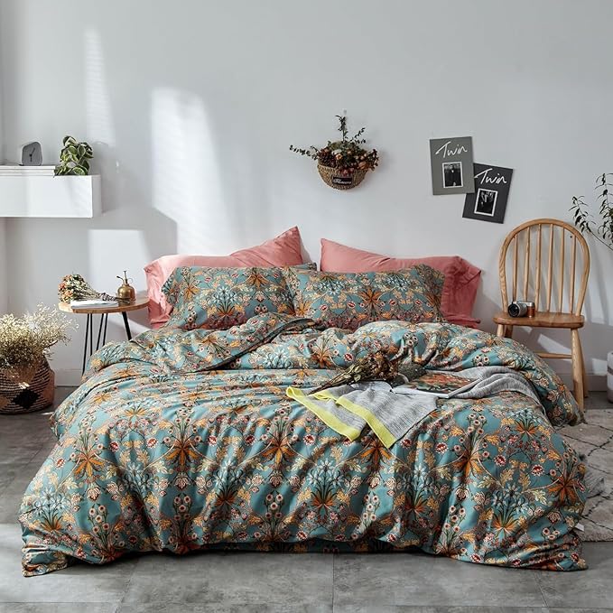 Vintage Style Boho Floral Duvet Cover Queen Percale Cotton Comforter Cover Medallion Paisley Print Bedding Set Vibrant Bohemian Flower Comforter Cover Boho Farmhouse Duvet Quilt Cover with Zipper Ties