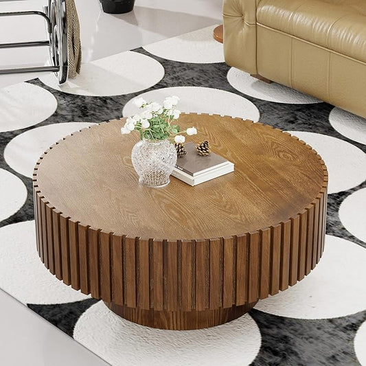 Round Drum Coffee Table 31.5" Wooden Coffee Tables Handcrafted Fluted Drum Coffee Table Modern Luxury Circle Center Table Vintage Farmhouse Center Table for Living Room (Round Dark Brown)