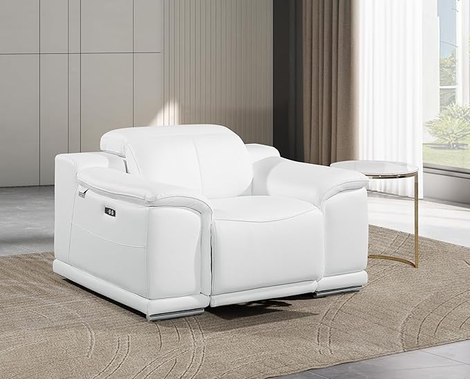 Blackjack Furniture Venice Top Grain Italian Leather Power Recliner Chair with Adjustable Headrest Modern Luxury Seating for Living Room Lounge, White