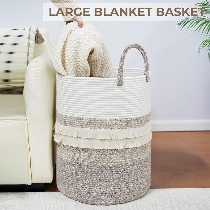 danpinera 79 L Large Laundry Basket, Tall Woven Cotton Storage Hamper with Handles, Dirty Clothes Hamper in Bathroom, Decorative Storage Basket for Living Room Gradient Brown
