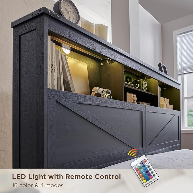 ACCOHOHO Full Bed Frame with 52" Tall Headboard and 4 Drawers,LED Light,Charging Station,Solid Wood Slats Support,No Box Spring Needed,Black