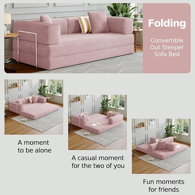 78.8''Convertible Sleeper Sofa Bed,Compressed Floor Boneless Couch,Modular Modern Corduroy Sofa for Living Room Bedroom -with Fixed-Shape Frame and Support Armrest,Easy Assembly(Pink)