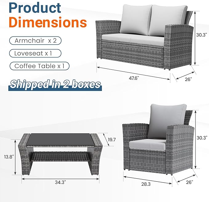 Wisteria Lane 4 Piece Patio Furniture Set, Wicker Outdoor Patio Conversation Furniture Set, All Weather Outdoor Patio Sofa with Cushion and Glass Table, Light Gray