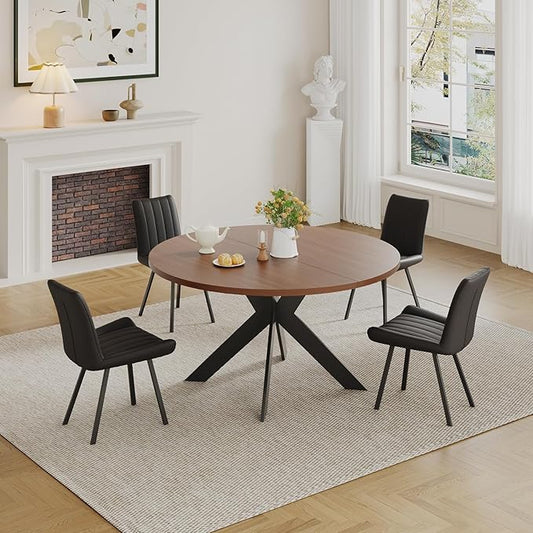 Walnut Round Dining Table Set for 4, Mid-Century Modern Kitchen Table and Chairs, Small Space Dining Room Furniture for Apartment, Breakfast Nook or Studio (Boxwood-1 Table + 4 Black Chairs)
