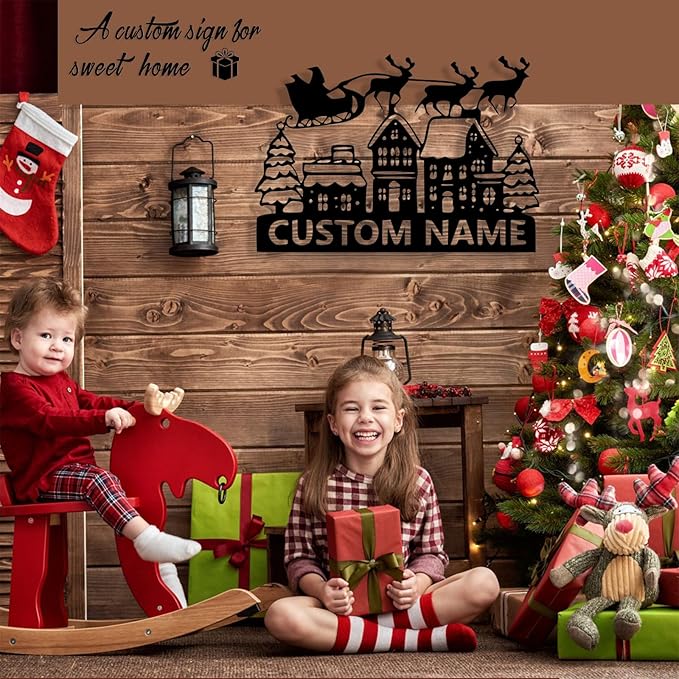 Personalized Christmas Metal Sign, Custom Name Metal Sign Wall Decor, Merry Christmas Tree Signs Outdoor Wall Decoration for Home Living Room, Bedroom, Office, Garden, Porch