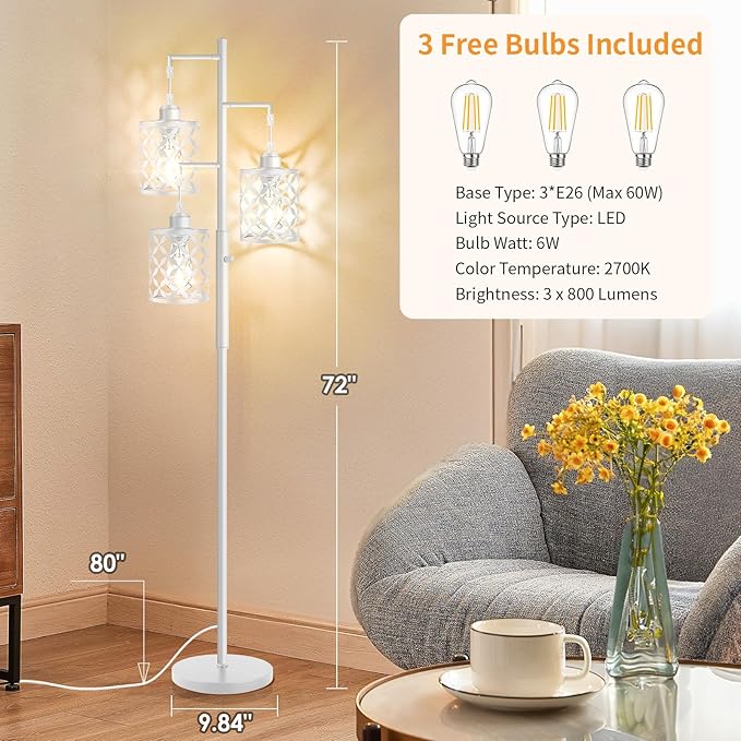 【Upgraded】72" Tall Dimmable Floor Lamp, Modern Standing Lamp with Elegant Metal Cages, Industrial Tree Floor Lamps for Living Room, Bedroom, Study Room, Office (3 x 800LM LED Bulbs Included) - White