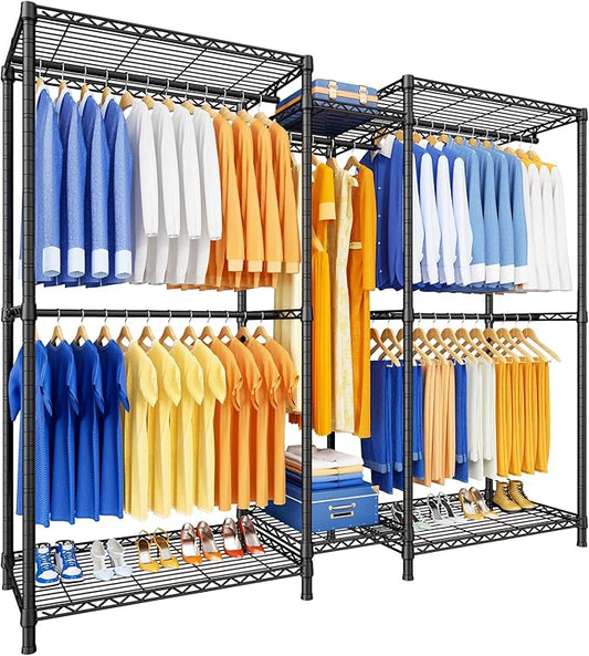 Ulif E12 Clothes Rack，Heavy Duty Freestanding Garment Rack with Shelves，Metal Clothing Closet Storage System for Hanging Clothes，71" W x 16" D x 76.5" H, Hold 960 lbs，Black