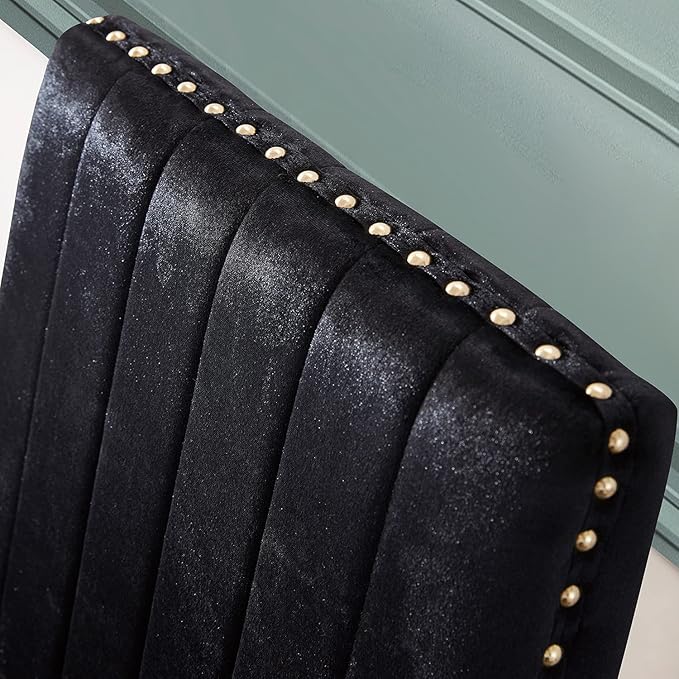 AUZ Black Velvet Dining Chairs Set of 2, Black and Gold Dining Chairs with Nailhead Trim and Polished Gold Legs, Gorgeous Upholstered Kitchen and Dining Room Chairs