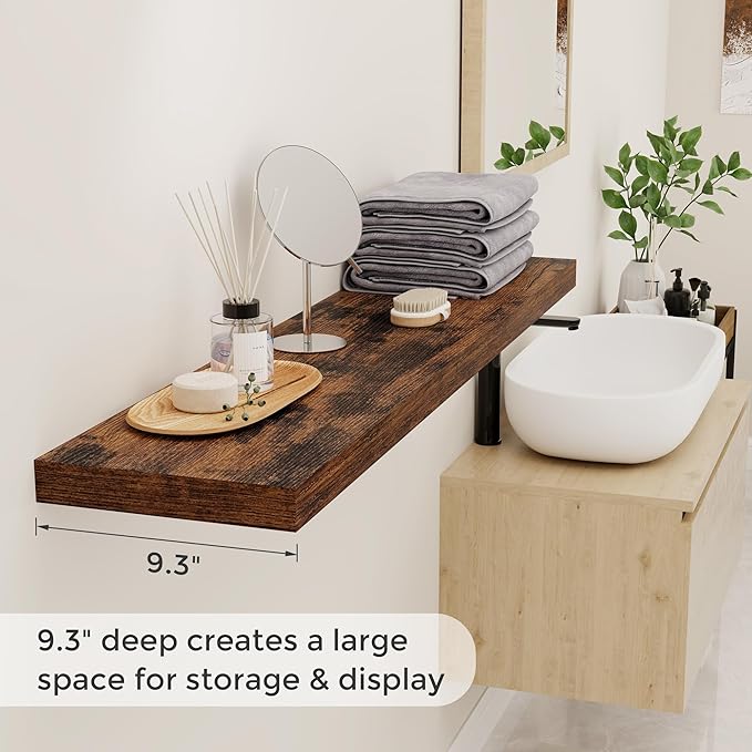 Floating Shelves for Wall, 48 x 9.3 Large Floating Shelf Wall Mounted Set of 2, Rustic Wood Shelves for Bathroom, Kitchen, Living, Heavy-Duty Storage Deep Shelf for Books, Decor, Rustic Brown