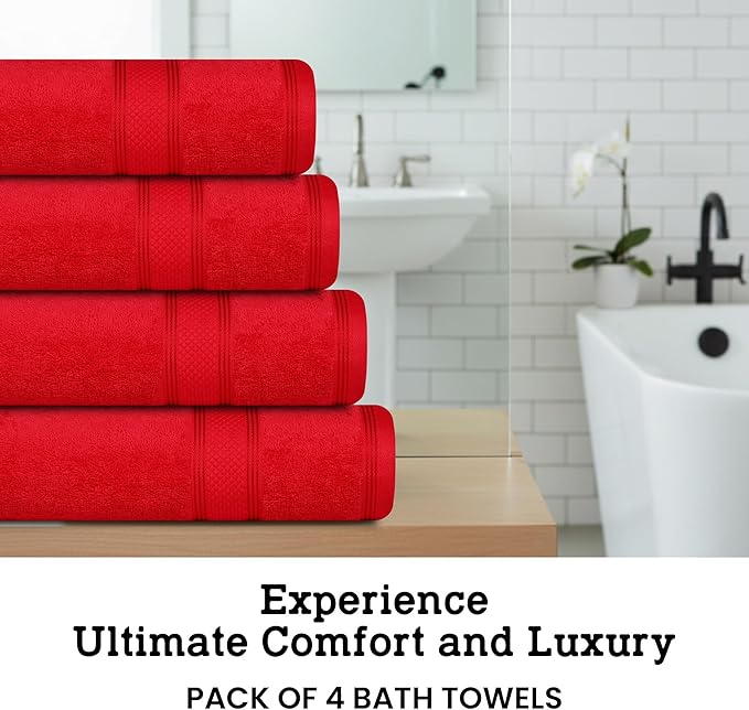 Casa Lino Red Bath Towels Set of 4 (54" x 27") - Large Bathroom Towel Set - 100% Cotton Towels for Bathroom - Highly Absorbent & Quick Dry Bath Towel Multipack - New Apartment Essentials