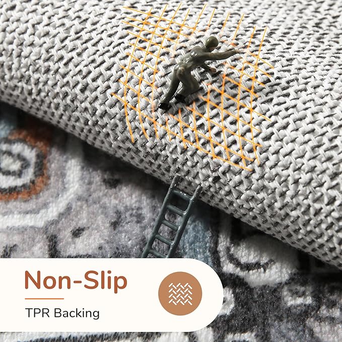 OPPODREAM Thin 8x10 Area Rugs, Washable Rugs 8x10 with Non Slip Backing, Faux Cashmere Low-Pile 8 x 10 Carpet, Grey & Teal & Yellow