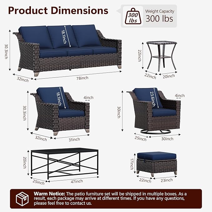 5 Pieces Wicker Patio Furniture, Luxury Outdoor Furniture with 2 Patio Swivel Chair, 2 Patio Ottoman and 1 Side Table, Wide Armrest, Thickened Cushions, Ideal for Deck, Porch Use
