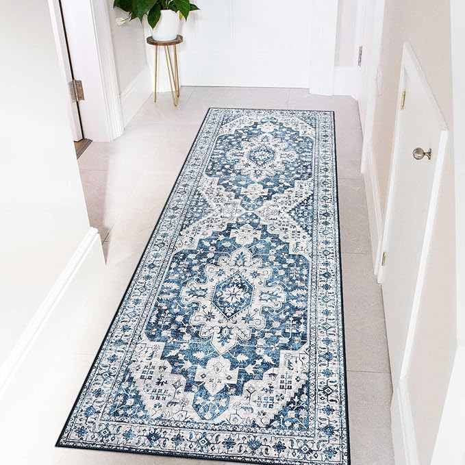 Moynesa Ultra-Thin Washable Runner Rug - 2x6 Blue Laundry Room Rug Washable Kitchen Runners Bathroom Carpet Runner, Oriental Printed Pet Friendly Hallway Runners for Bedroom Entrance Entryway RV