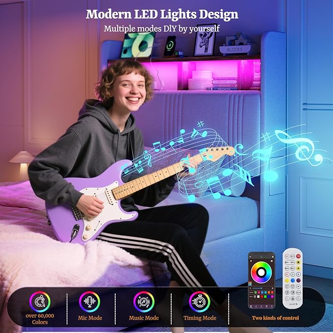 IKIFLY Twin XL Bed Frames with Hidden Storage Headboard & 4 Drawers, 49.2” Tall Upholstered Wingback Headboard with LED Lights and Charging Station, No Box Spring Needed, Solid Wood Slats, Light Grey