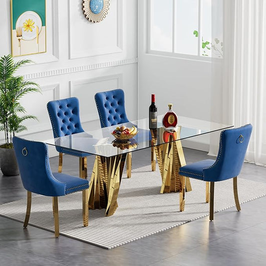 Goujxcy Modern 5 Piece Glass Dining Table Set Luxury Glass Kitchen Table and Chair Set for 4, 70" Large Rectangular Dining Room Table with 4 Tufted Chairs and Stainless Steel Legs (Gold & Blue)