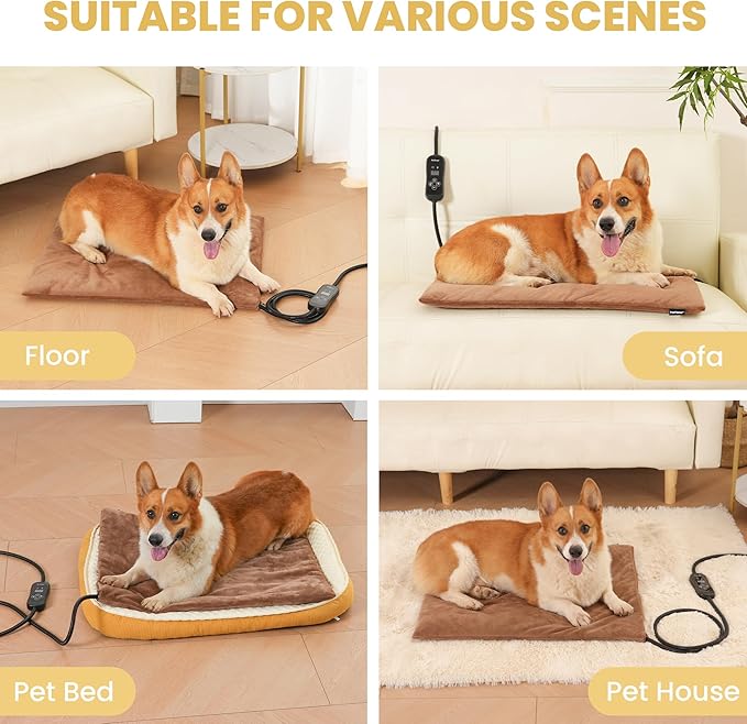 Upgraded Pet Heating Pad, 5 Adjustable Temperature & Timer, Electric Heated Dog Cat Bed for Winter, Auto Power-Off, Waterproof Chew-Resistant (L:26'' x 20'')