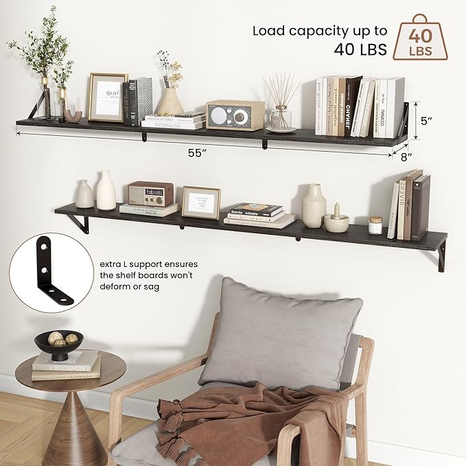 Axeman Black Floating Shelves for Wall 55 Inch | 55W x 8D Rustic Floating Shelves Set of 2 | 8" Deep Wall Shelves for Bathroom Kitchen Living Room | Bookshelf Display Shelves - Black