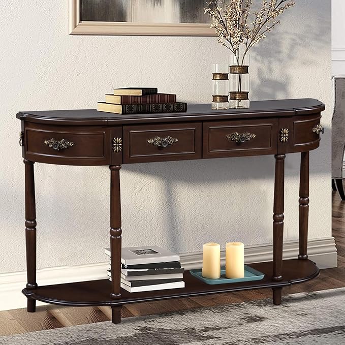 HMFULE Retro Curved Console Table, 52" Half Moon Console Table Sofa Table Entryway Table with 2 Drawers 1 Open Shelf Solid Pine Legs for Living Room,Entryway,Hallway,Espresso